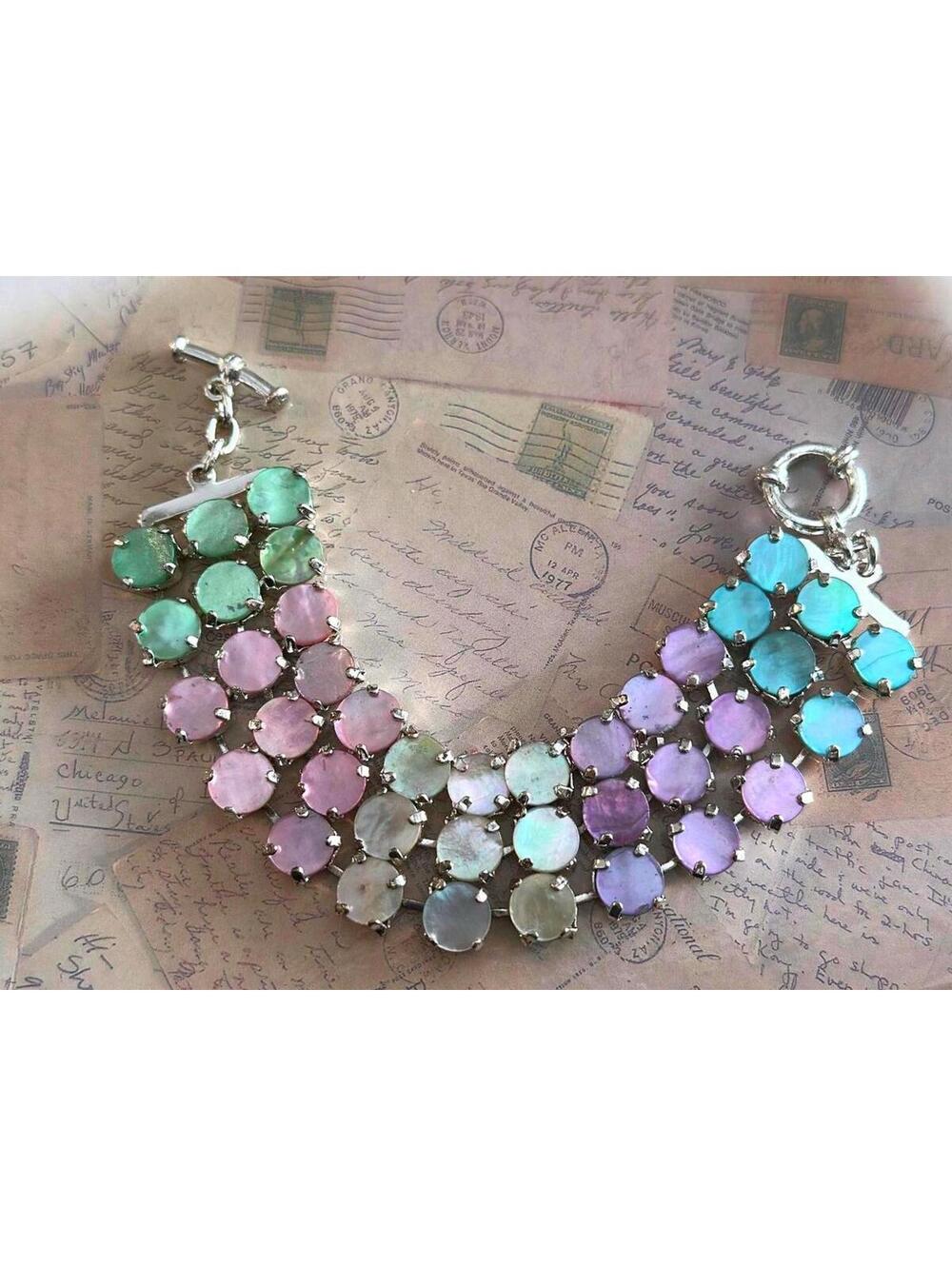 Vintage Pastel Bracelet Mermaid Ocean Tones Iridescent Disc Links Toggle Clasp